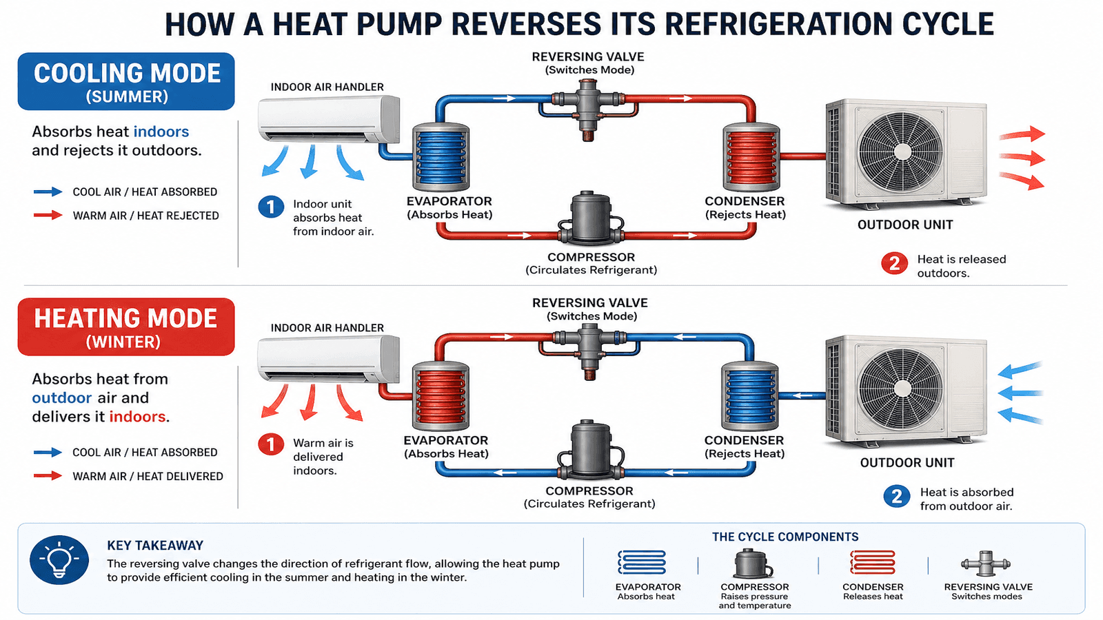Infographic explaining how a heat pump reverses the refrigeration cycle to provide both heating and cooling from a single outdoor unit