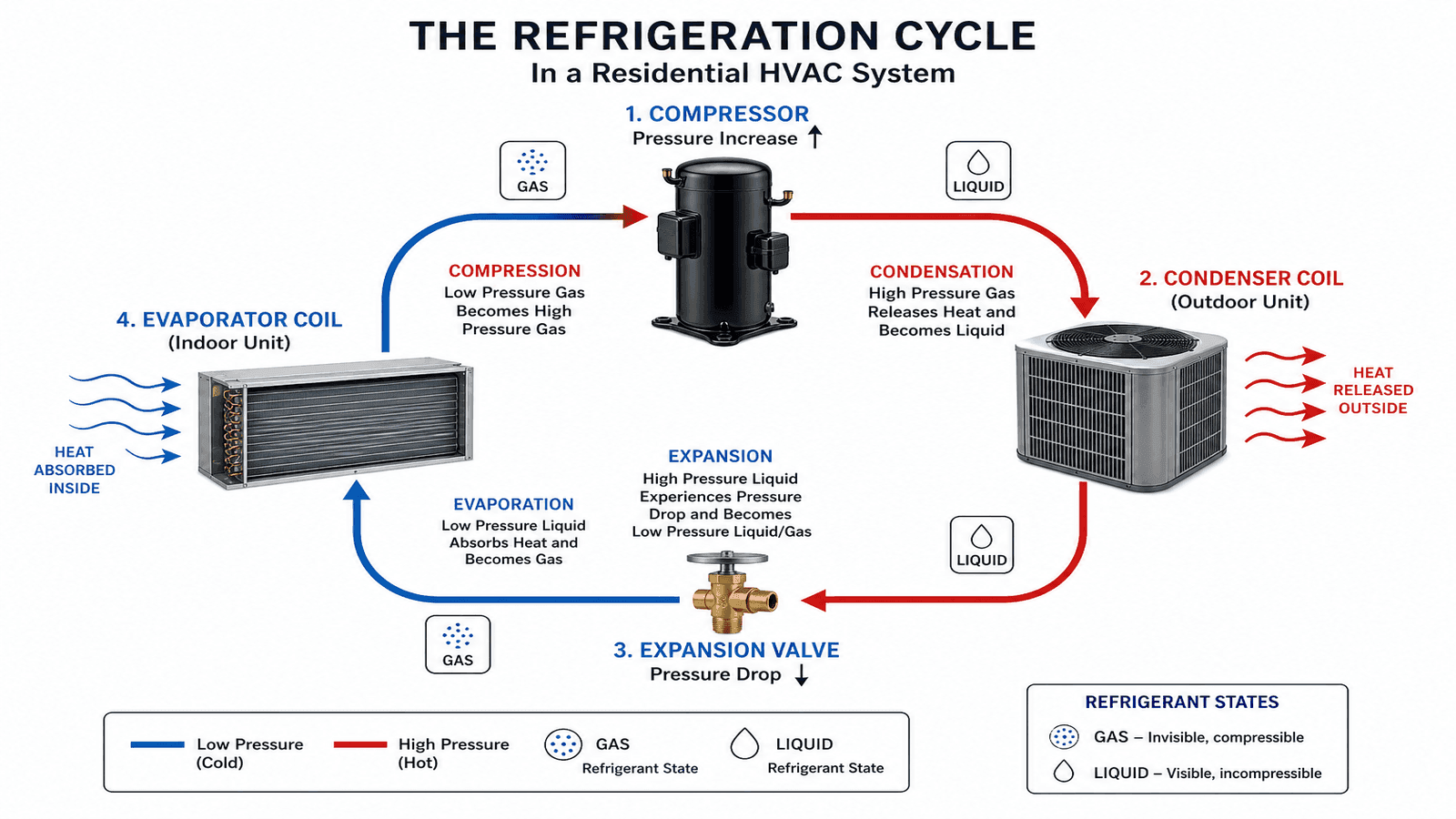 Diagram of refrigeration cycle showing compressor, condenser, expansion valve, and evaporator with refrigerant flow