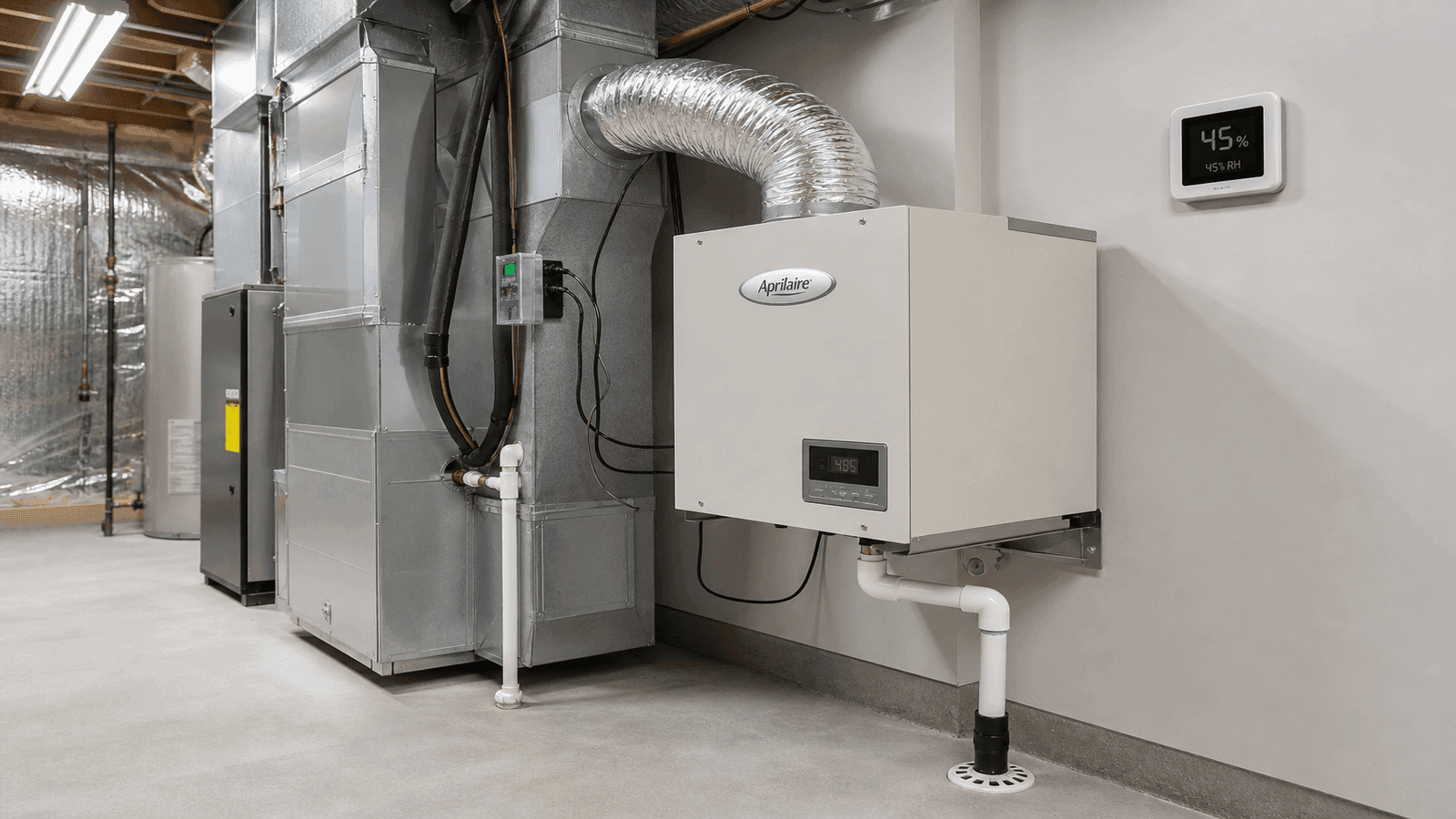 Professionally installed whole-home dehumidifier in a residential basement connected to HVAC ductwork with a condensate drain line and a wall-mounted digital hygrometer showing 45 percent relative humidity.