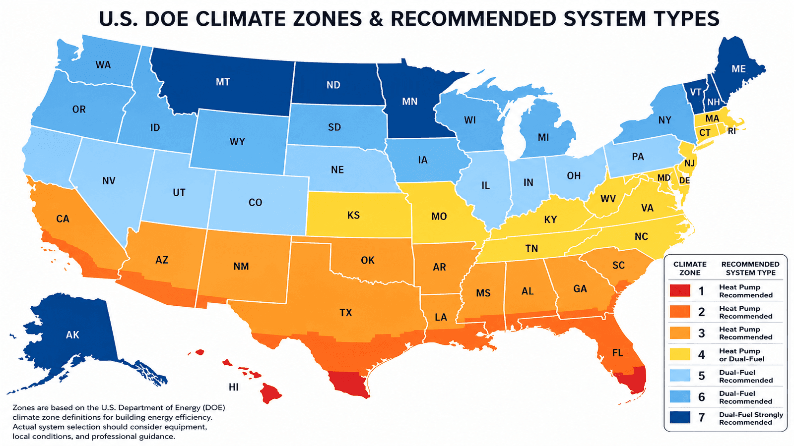 Map of U.S. DOE climate zones showing recommended system type for each region from heat pump in warm zones to dual-fuel in cold zones