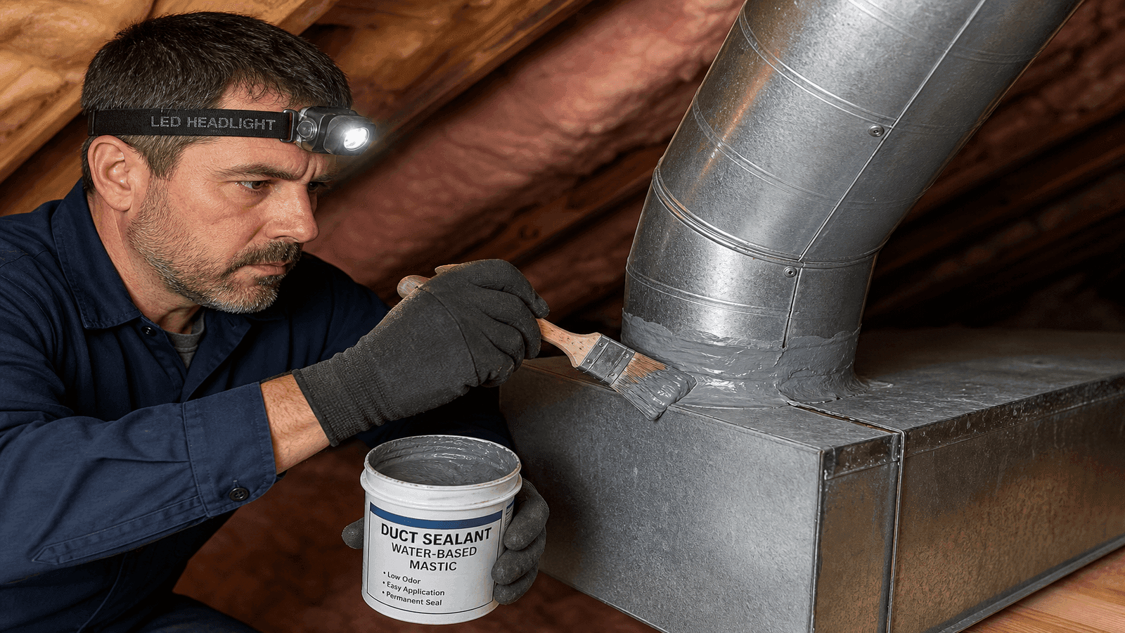 HVAC technician in a residential attic applying gray mastic sealant to a sheet metal ductwork joint connection to prevent air leaks that compromise indoor air quality.