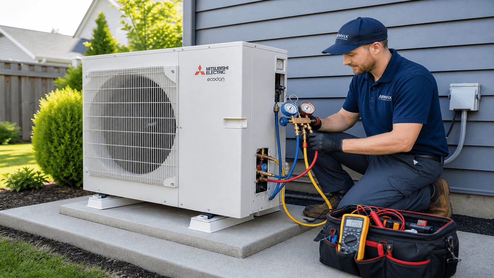 HVAC technician performing maintenance on a residential heat pump outdoor unit with refrigerant gauges