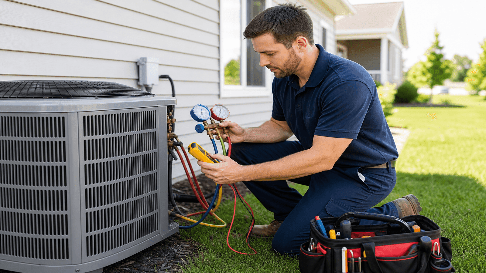 HVAC technician inspecting a residential air conditioning unit with diagnostic tools and gauges