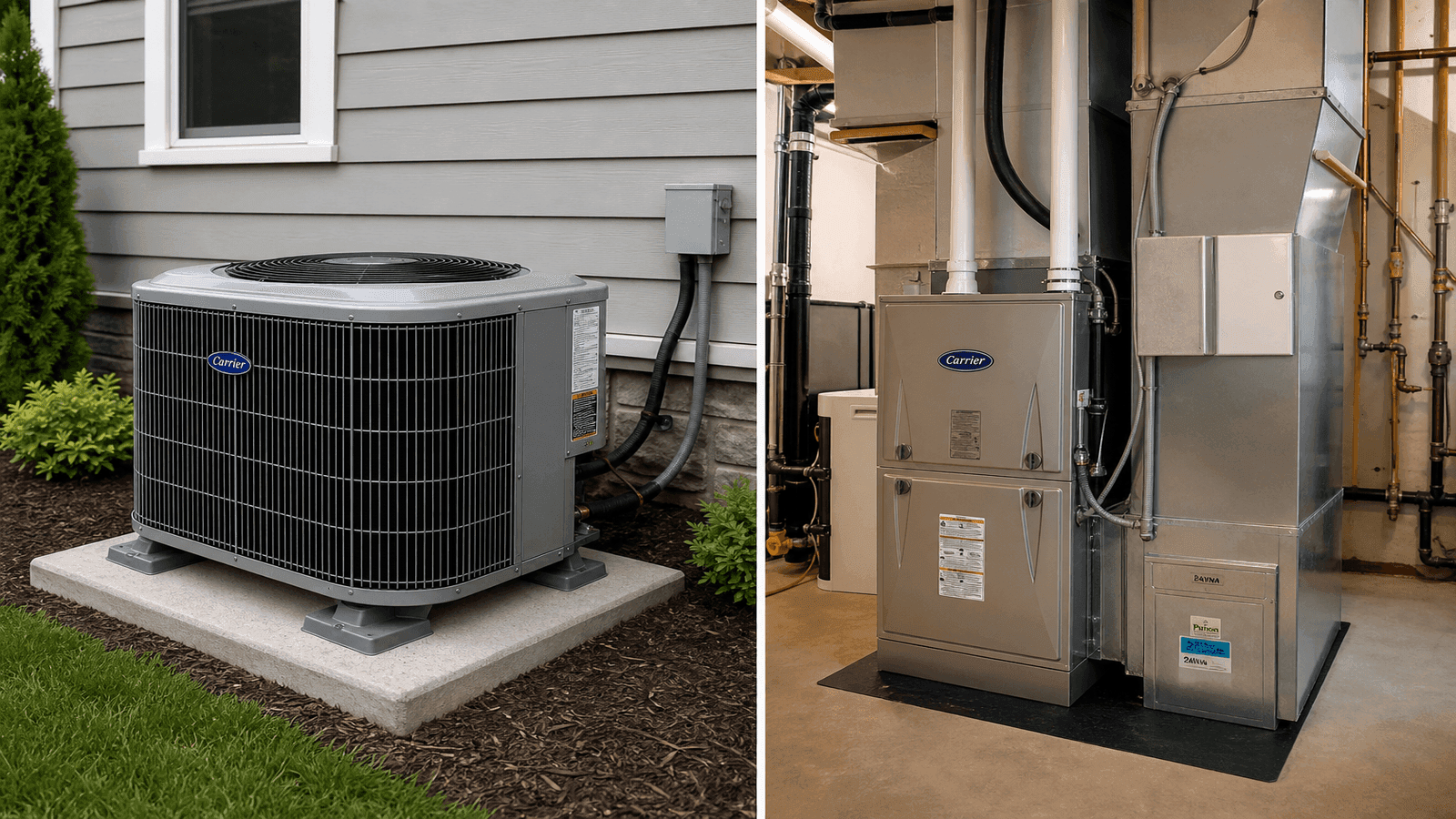 Completed dual-fuel HVAC installation showing heat pump outdoor unit and gas furnace indoor unit in a residential utility room