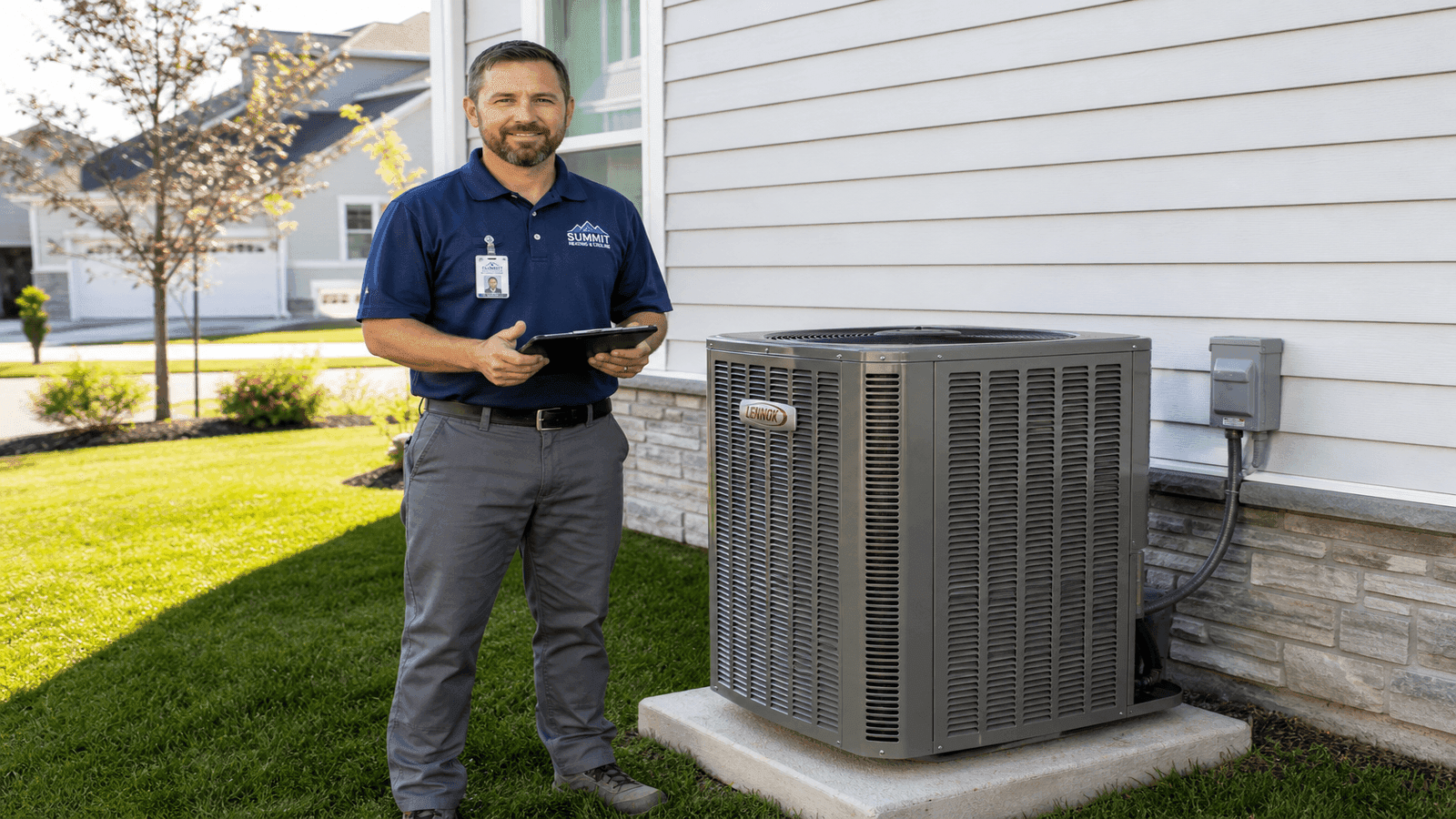Professional HVAC technician in company uniform standing next to a residential outdoor condensing unit, holding a clipboard and displaying professional credentials.