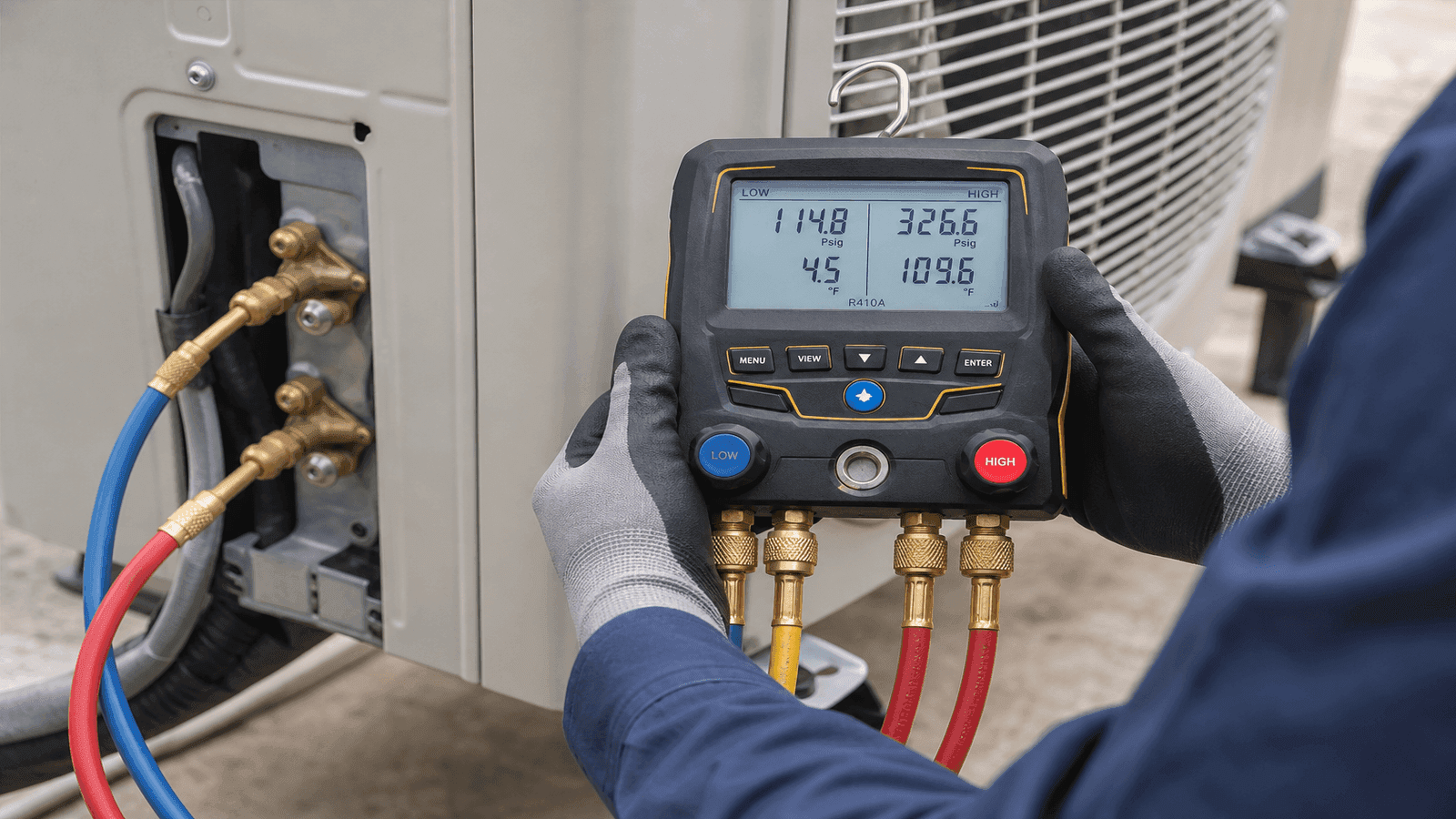 HVAC technician using a digital manifold gauge set to verify refrigerant charge on a residential air conditioning condensing unit, demonstrating diagnostic skills tested in NATE certification.
