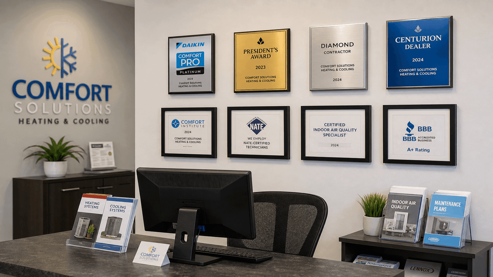 Interior of a professional HVAC contractor's office showing manufacturer certification plaques and dealer awards displayed on the wall behind a consultation desk.