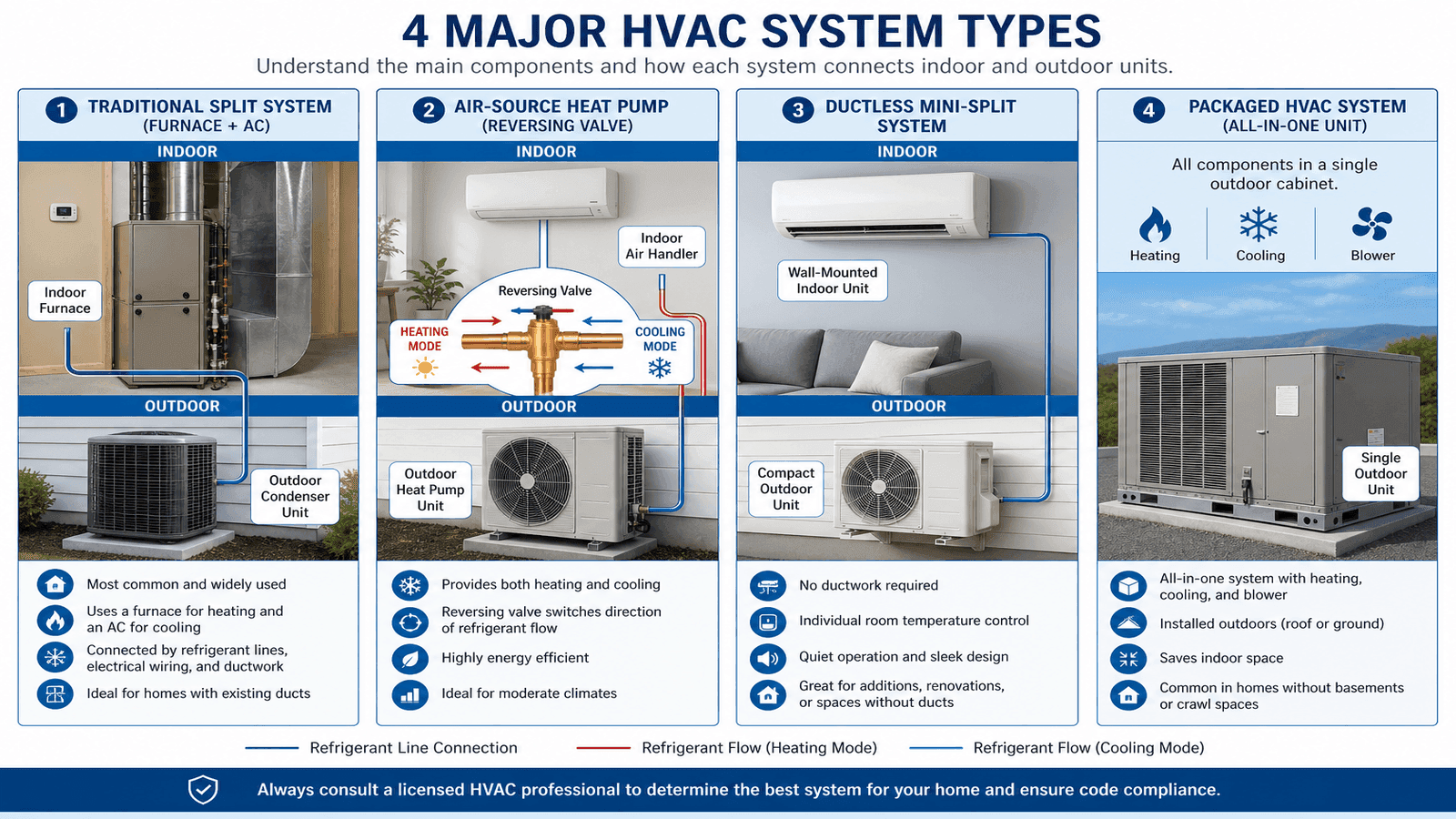 Overview of different HVAC system types including split system, heat pump, mini-split, and packaged unit in residential settings