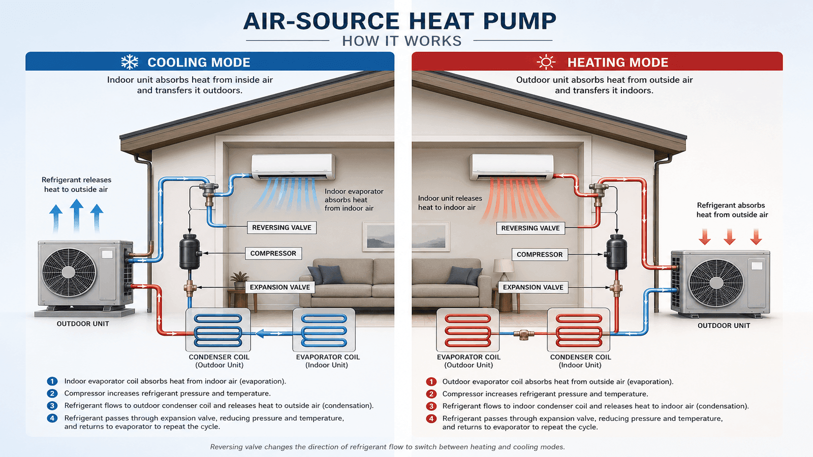 Diagram showing how an air-source heat pump works in heating and cooling modes with refrigerant cycle arrows