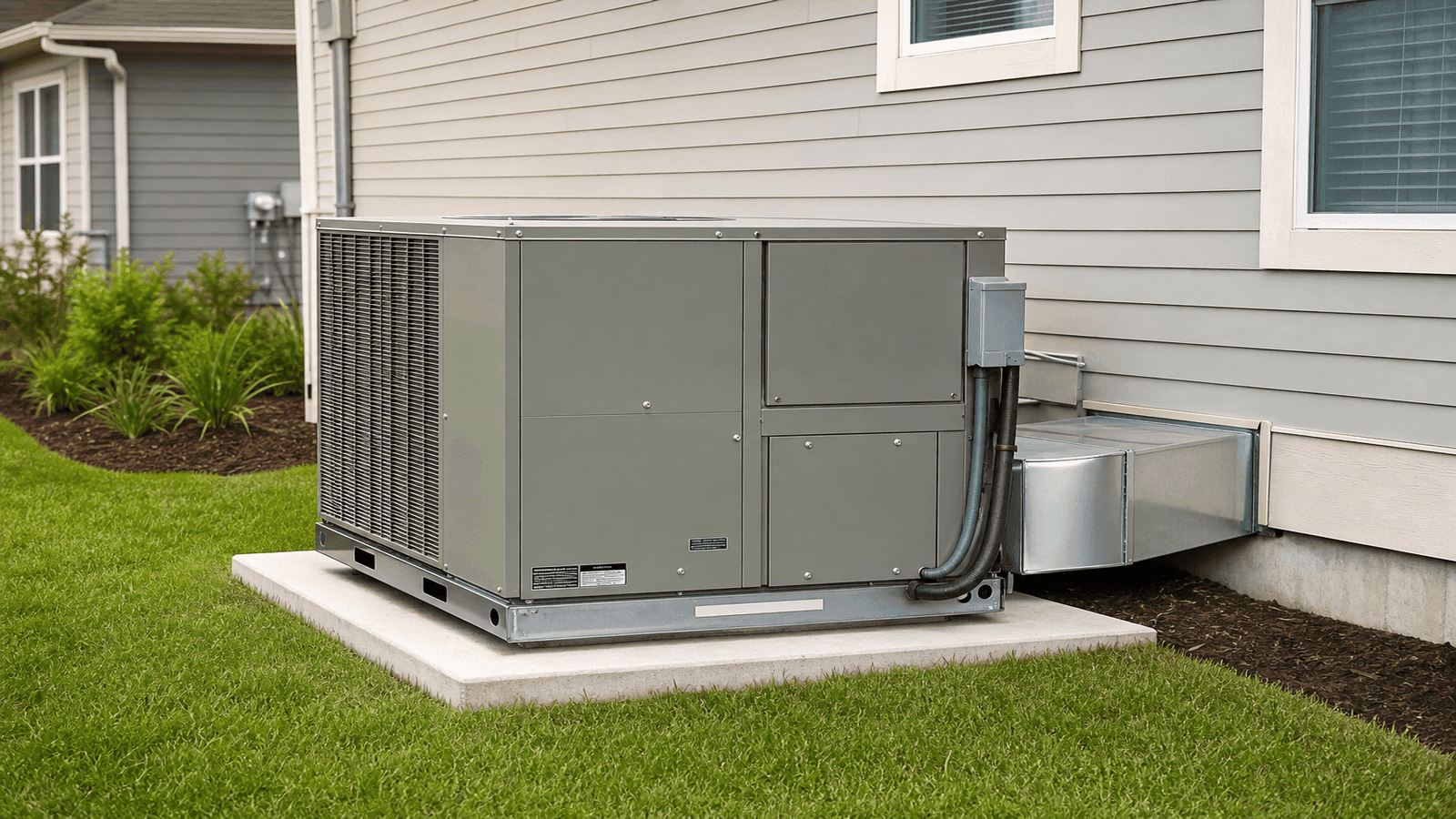 Packaged HVAC unit installed on a concrete pad beside a residential home showing the single-cabinet design