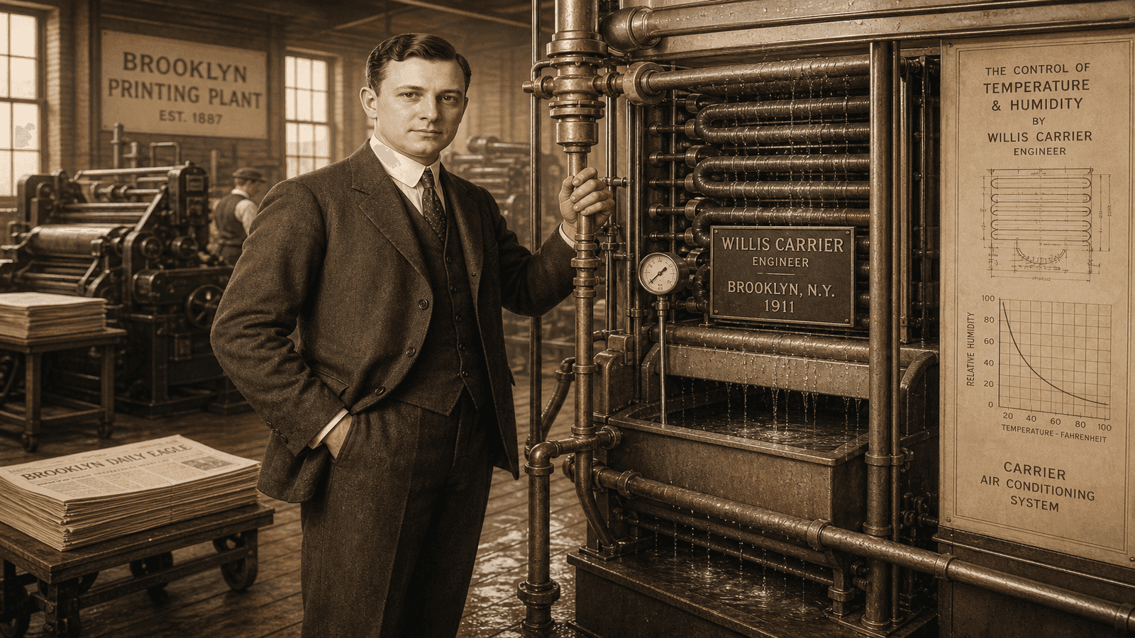 Illustration of Willis Carrier next to his original 1902 air conditioning apparatus at the Brooklyn printing plant