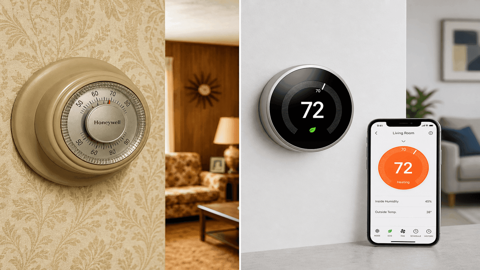 Modern smart HVAC control panel on wall showing temperature zones and energy usage alongside a vintage round Honeywell thermostat for comparison