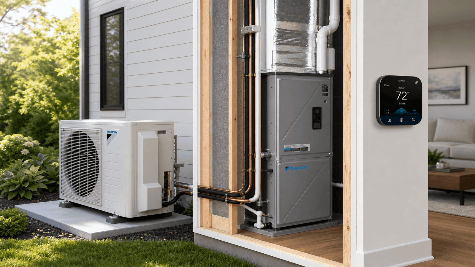 Modern residential HVAC system installation showing outdoor heat pump unit connected to indoor air handler with smart thermostat on wall