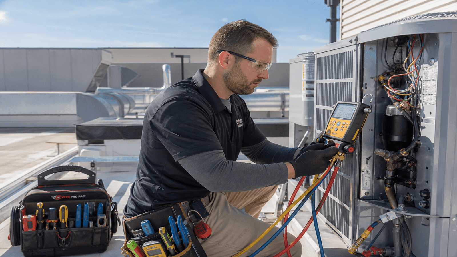 HVAC technician in uniform performing maintenance on a rooftop commercial air conditioning unit with tools and gauges visible
