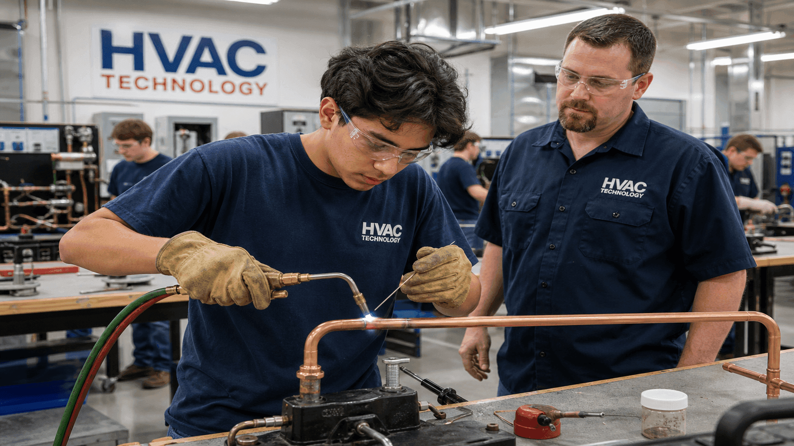 HVAC trade school student practicing brazing copper lines in a well-equipped training lab with an instructor observing