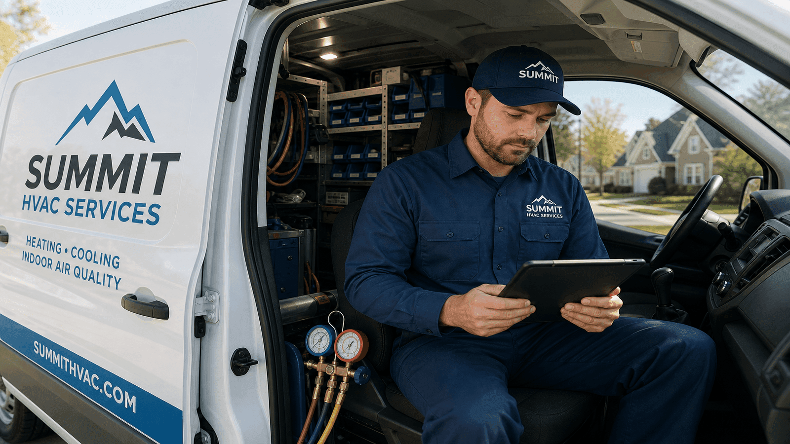HVAC business owner reviewing job schedule on a tablet inside a branded service van with organized tools and equipment visible