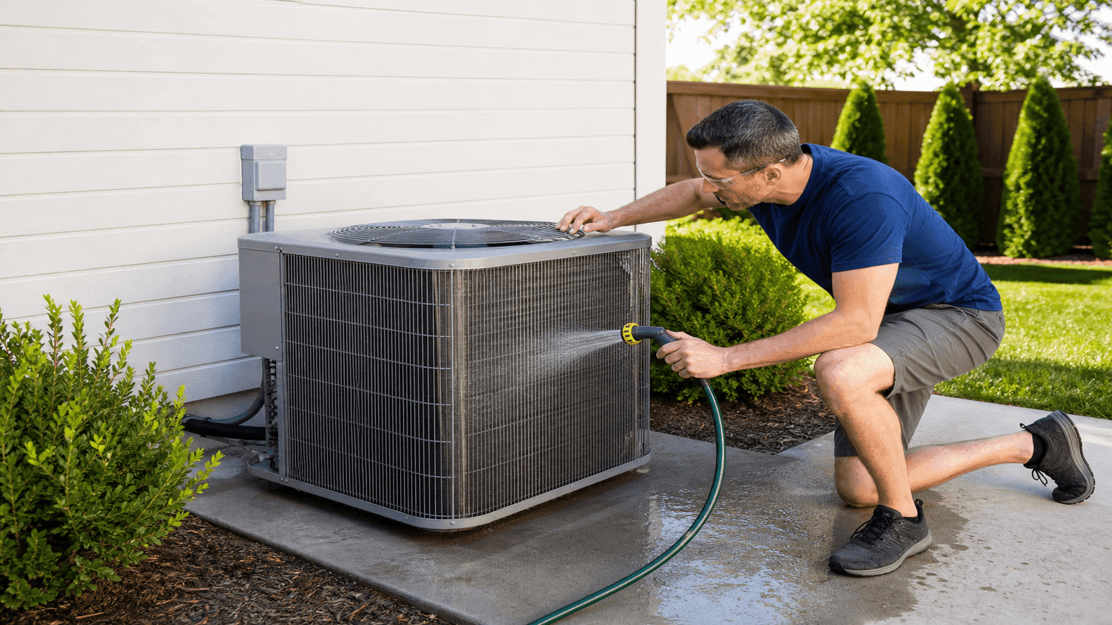 Homeowner performing basic HVAC maintenance on a residential air conditioning unit
