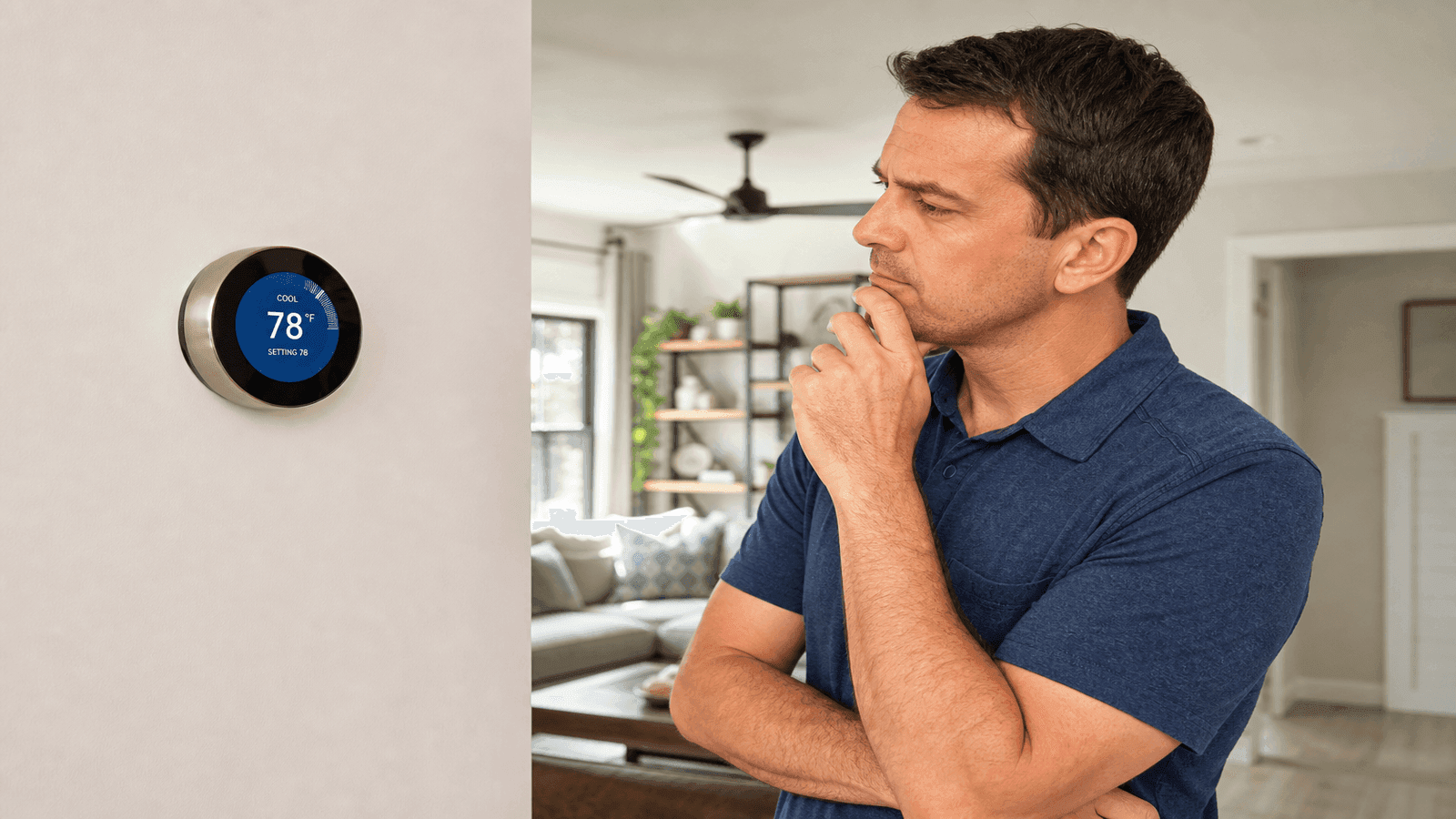 Homeowner checking thermostat settings while troubleshooting an AC that is not cooling