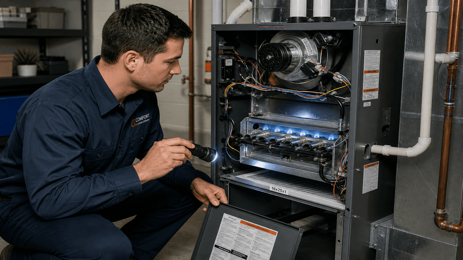 HVAC technician inspecting the interior of a residential gas furnace during annual maintenance