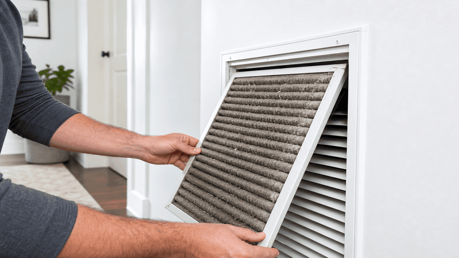 Homeowner removing a dirty AC filter from a return air vent showing visible dust buildup on the filter surface