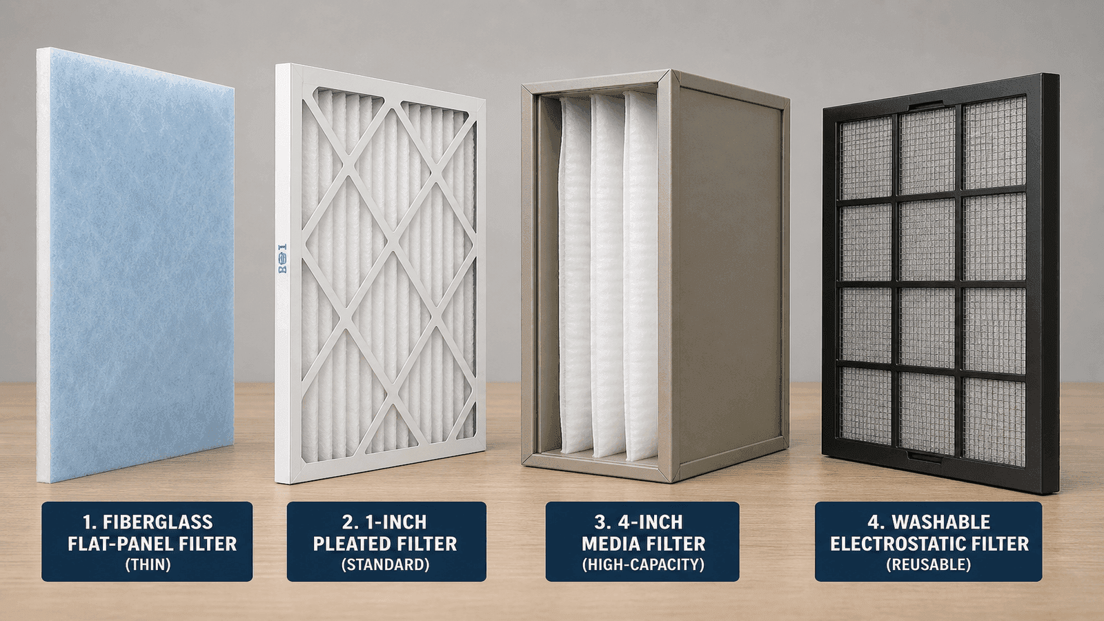 Comparison of four AC filter types side by side showing fiberglass, pleated, high-capacity media, and washable electrostatic filters with visible difference in thickness and material density