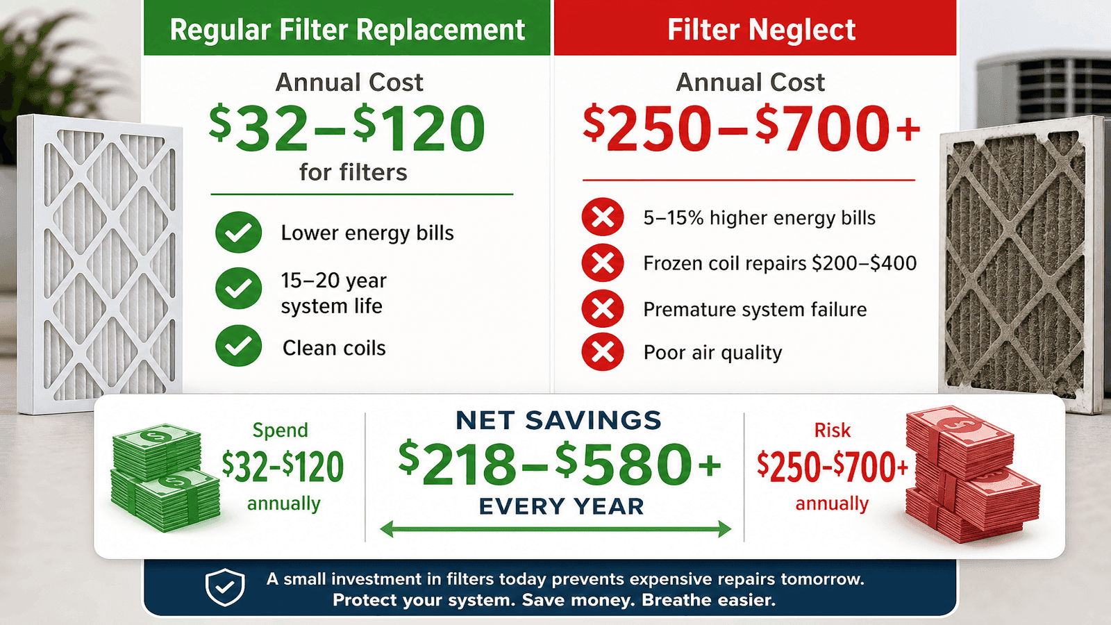 Infographic comparing annual costs of regular AC filter replacement versus costs of filter neglect including energy waste, coil cleaning, and emergency service calls