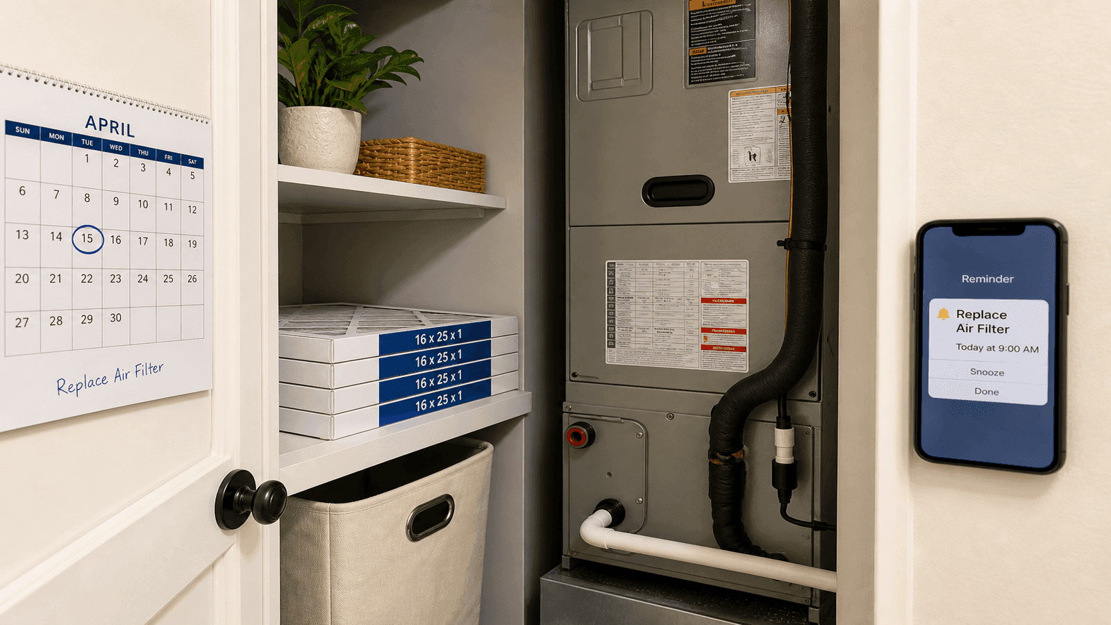 Organized home maintenance station showing a stack of replacement AC filters stored near the air handler with a calendar reminder visible on the wall