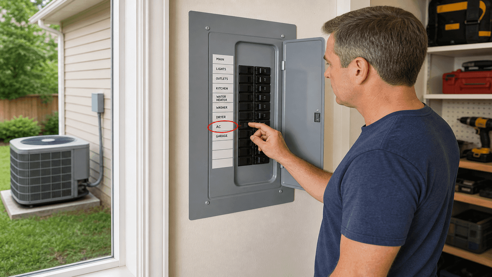 Homeowner standing at an electrical breaker panel preparing to reset a tripped AC breaker with outdoor condenser unit visible through nearby window