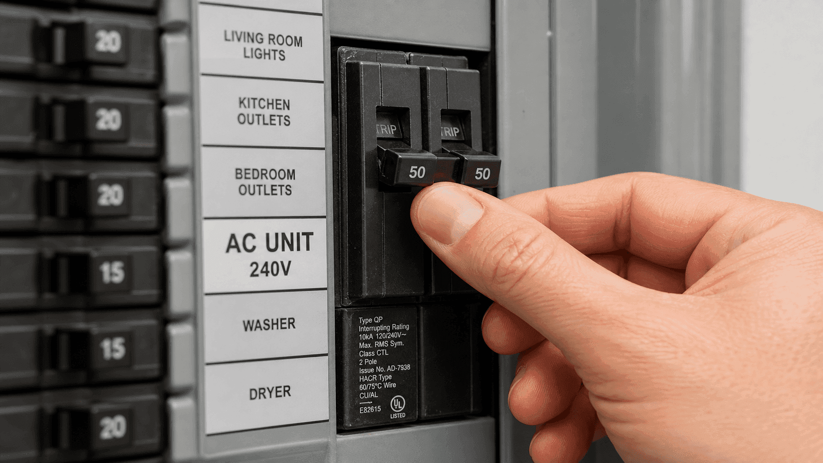 Close-up of a residential electrical breaker panel with a hand flipping the AC breaker switch to the off position with labels clearly visible