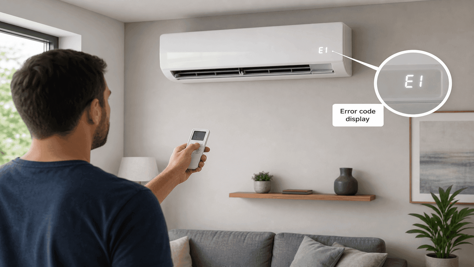 Ductless mini split indoor wall unit displaying an error code on its LED panel with a homeowner pointing a remote control at the unit