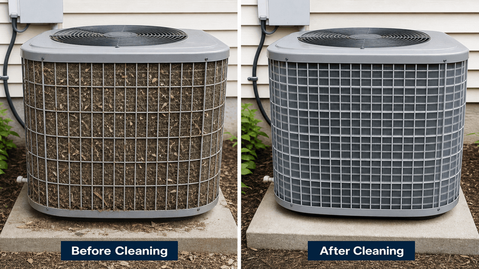 Residential outdoor AC condenser unit with visible dirt buildup on fins next to a clean unit for comparison showing the difference coil cleaning makes