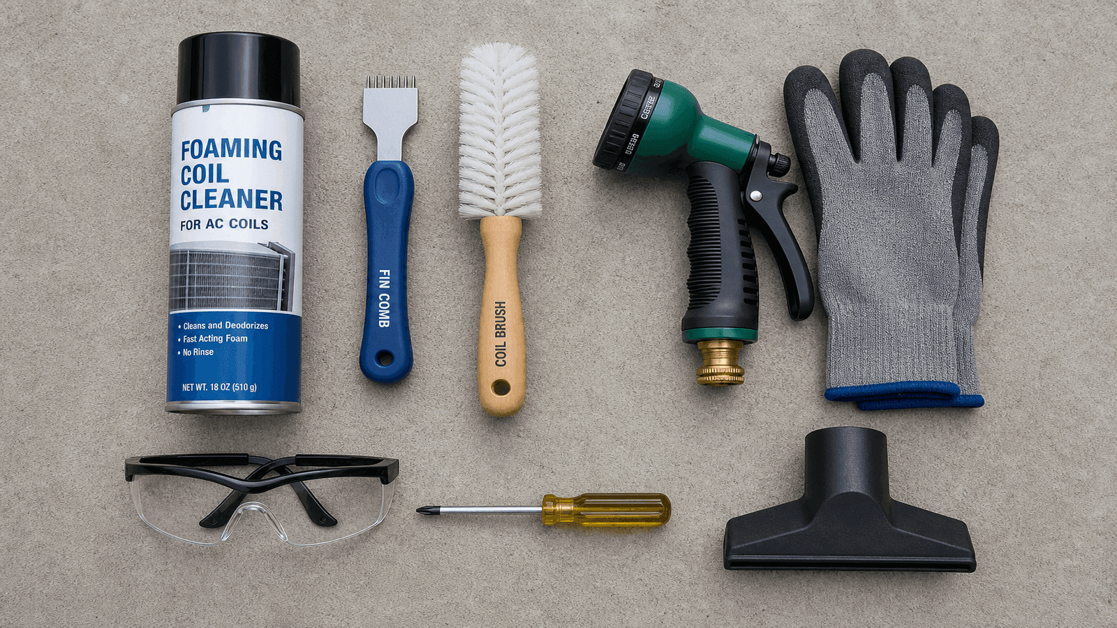 Close-up of AC coil cleaning supplies laid out including foaming coil cleaner fin comb soft brush garden hose nozzle gloves and safety glasses