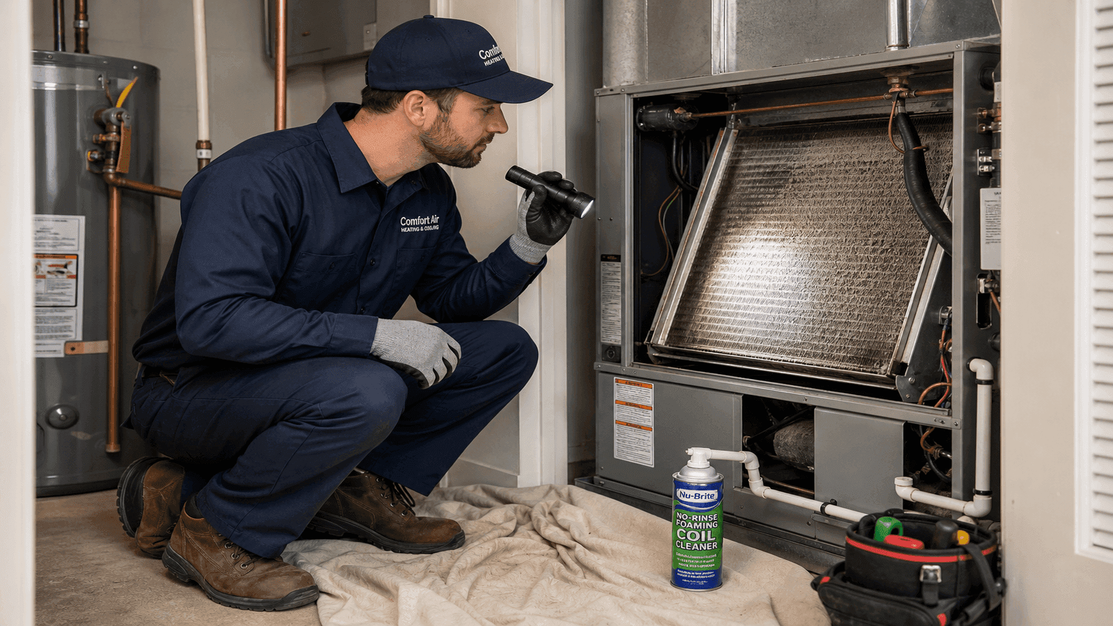HVAC technician accessing an indoor evaporator coil through the air handler access panel with a flashlight illuminating the coil surface