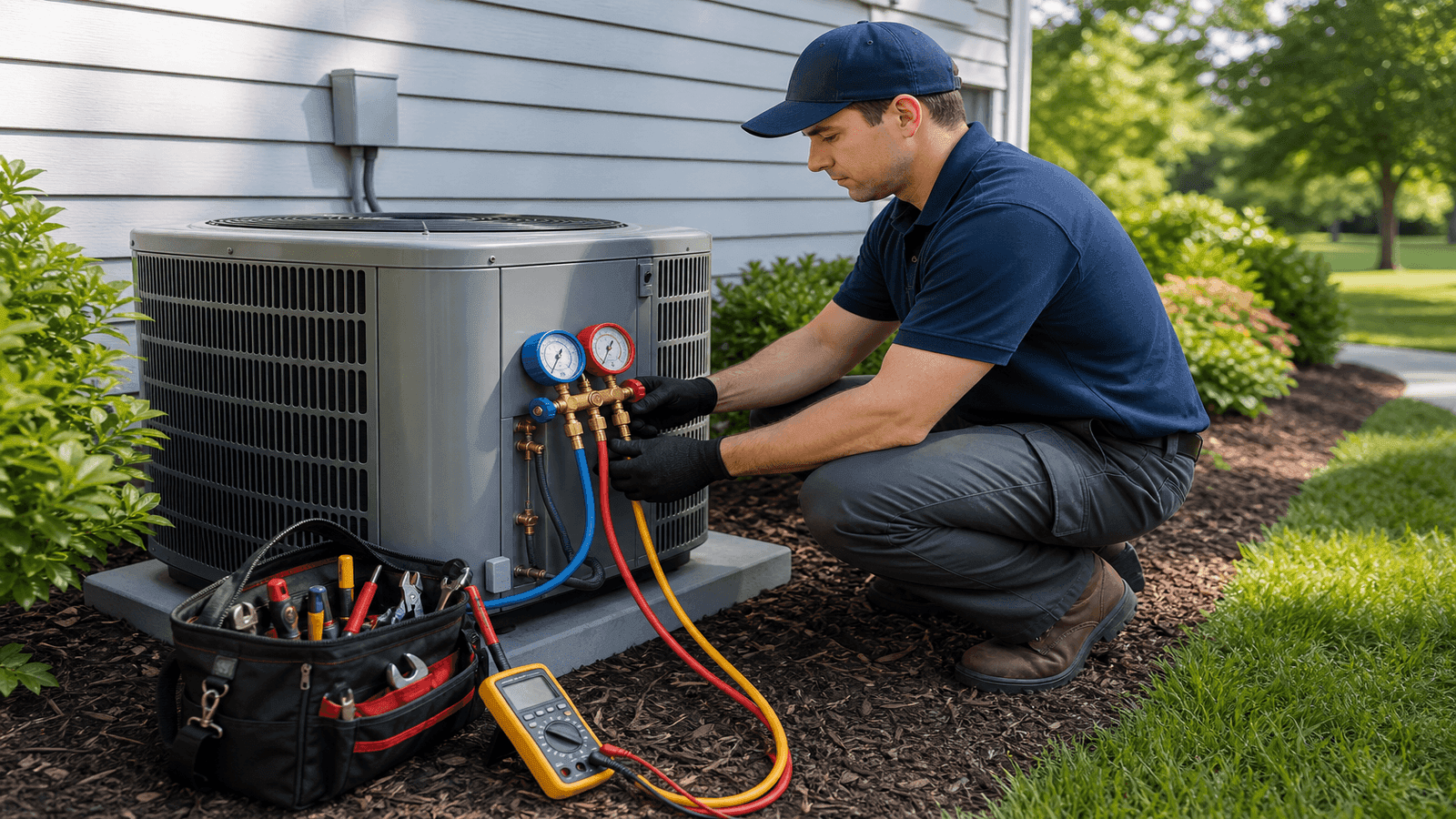 HVAC technician performing a professional AC tune-up on an outdoor condenser unit with gauges and diagnostic tools