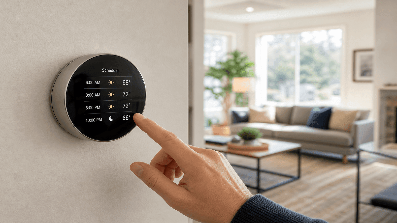 Homeowner programming a modern smart thermostat mounted on a living room wall with temperature schedule displayed