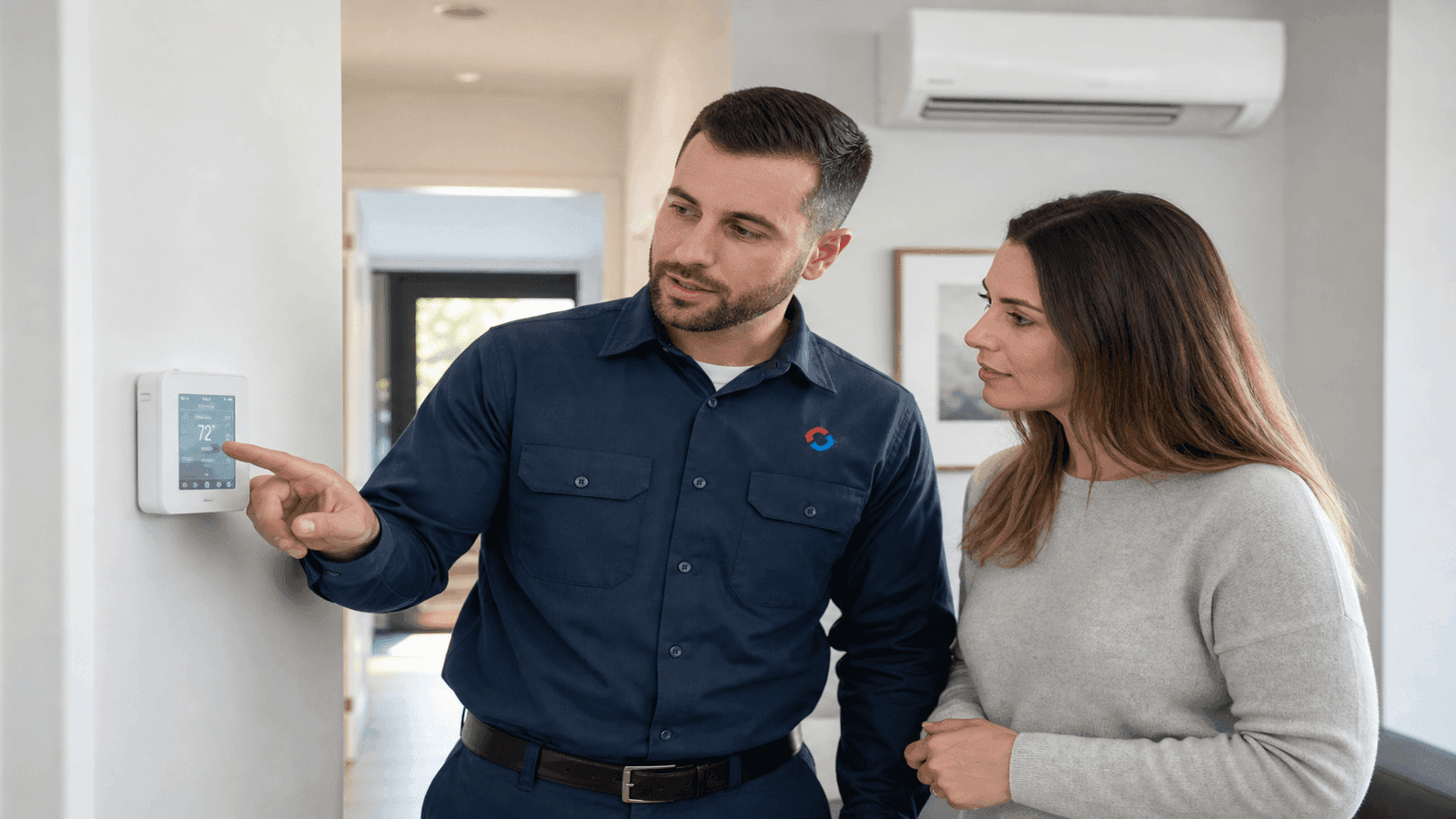 HVAC technician explaining thermostat settings to a homeowner next to a wall-mounted heat pump thermostat