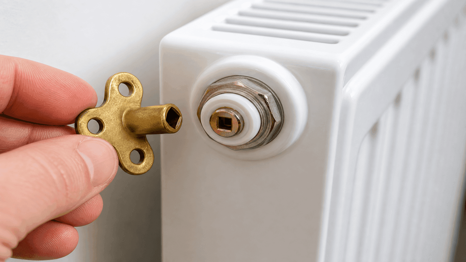 Close-up view of a radiator bleed valve at the top corner of a white panel radiator showing the square socket