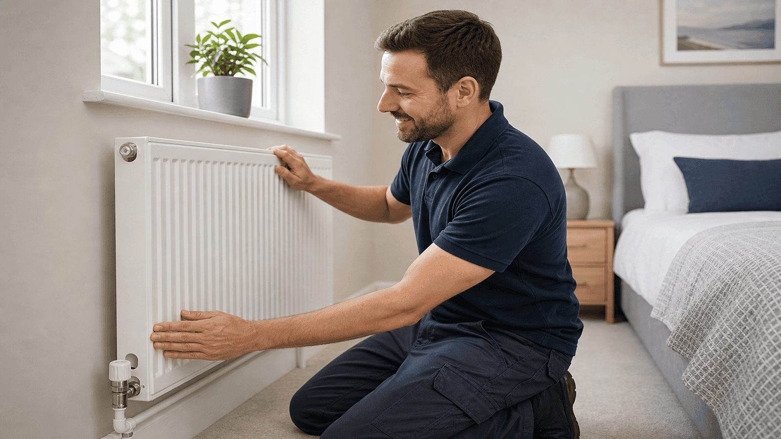 Homeowner feeling across a white wall-mounted radiator to check for even heat distribution after bleeding