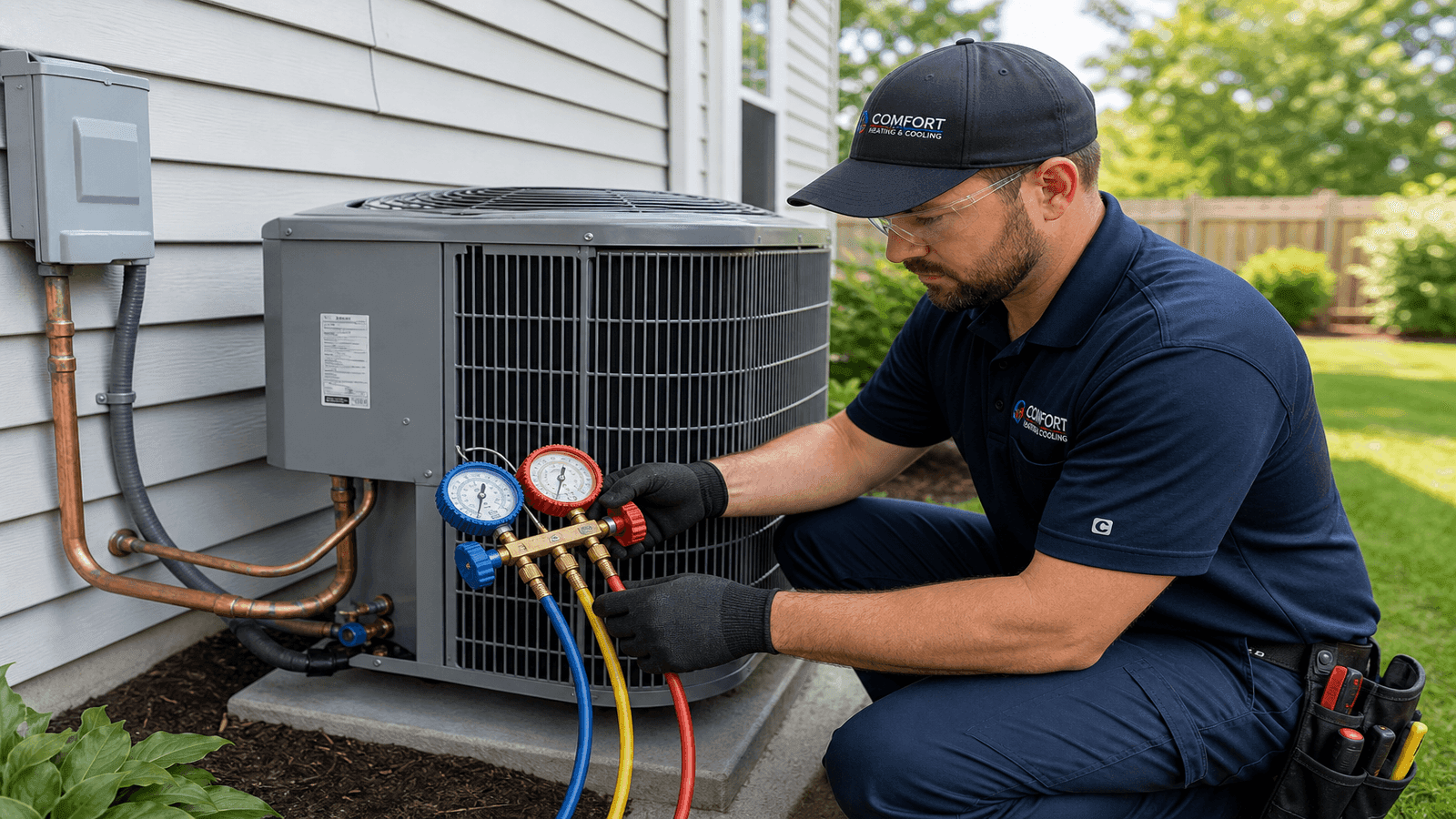 HVAC technician connecting refrigerant manifold gauges to a residential air conditioning outdoor unit for pressure testing