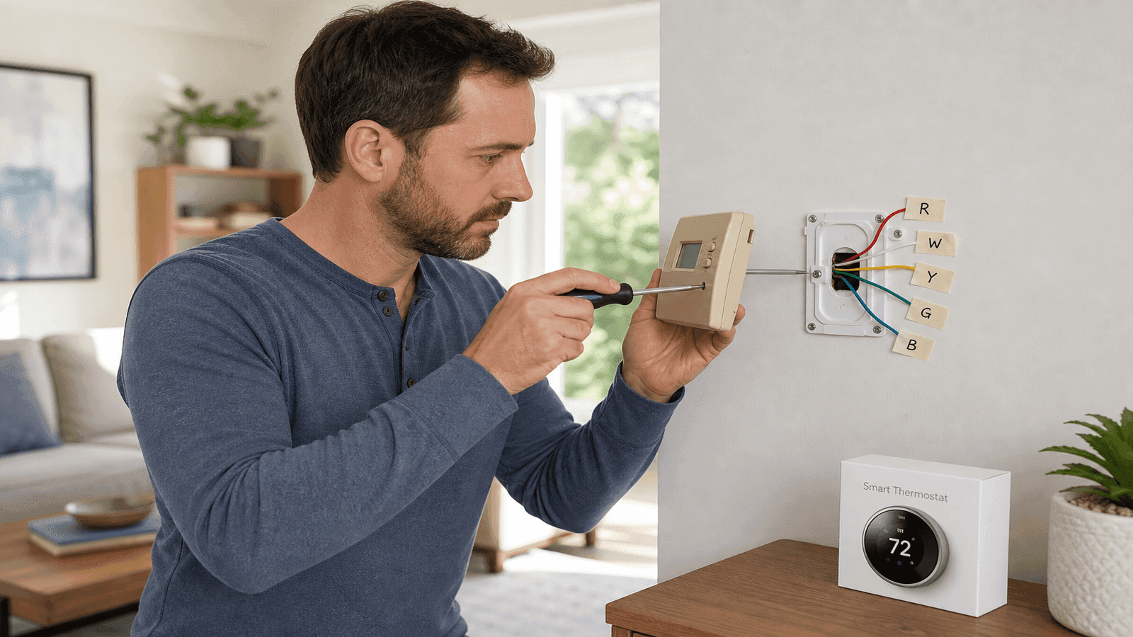 Homeowner removing an old thermostat from a living room wall with labeled wires visible and a new smart thermostat box on a nearby table