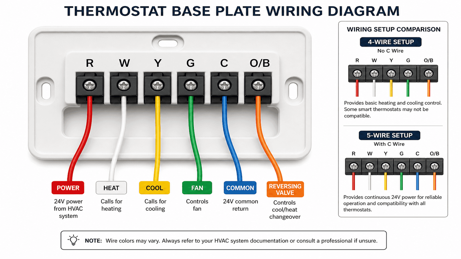 Labeled thermostat wiring diagram showing standard wire colors connected to terminal letters R, W, Y, G, and C on a thermostat base plate