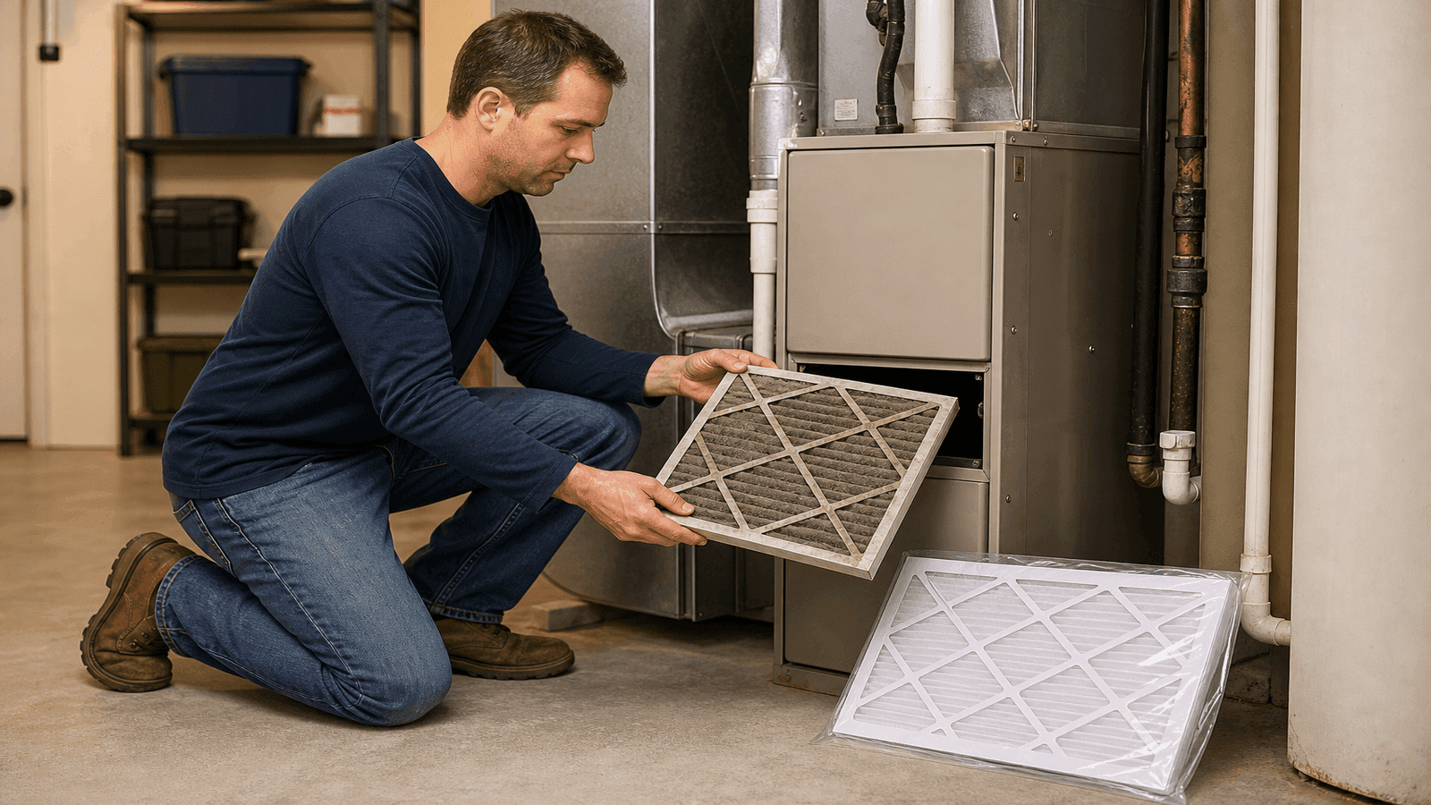 Homeowner removing a dirty furnace air filter from a residential gas furnace in a basement utility room