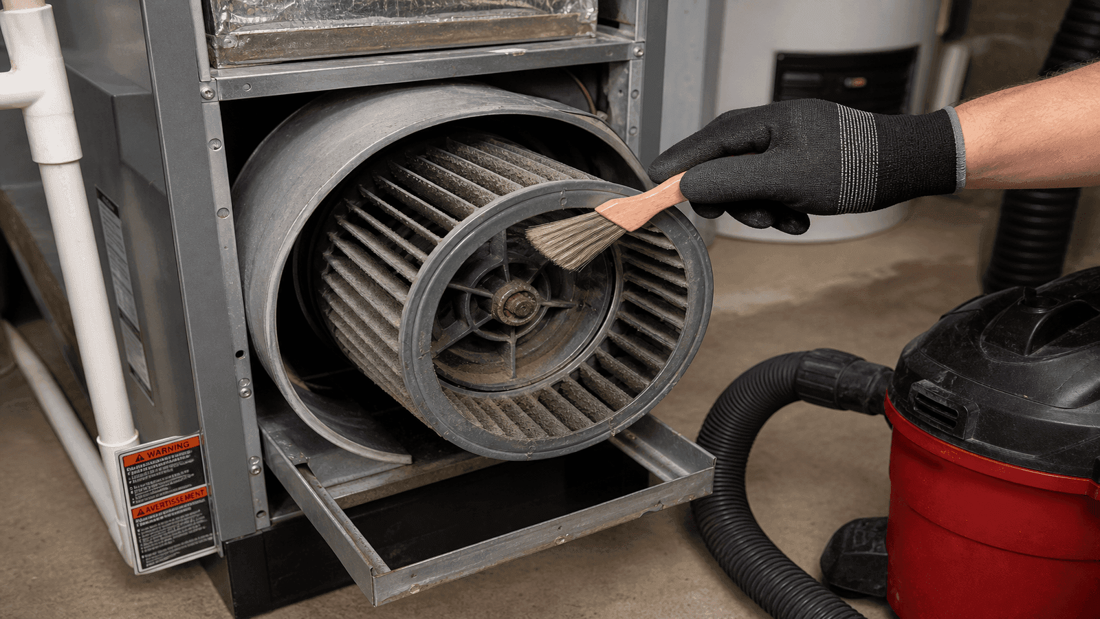 Close-up of a residential furnace blower assembly being cleaned with a soft brush, showing dust buildup on fan blades