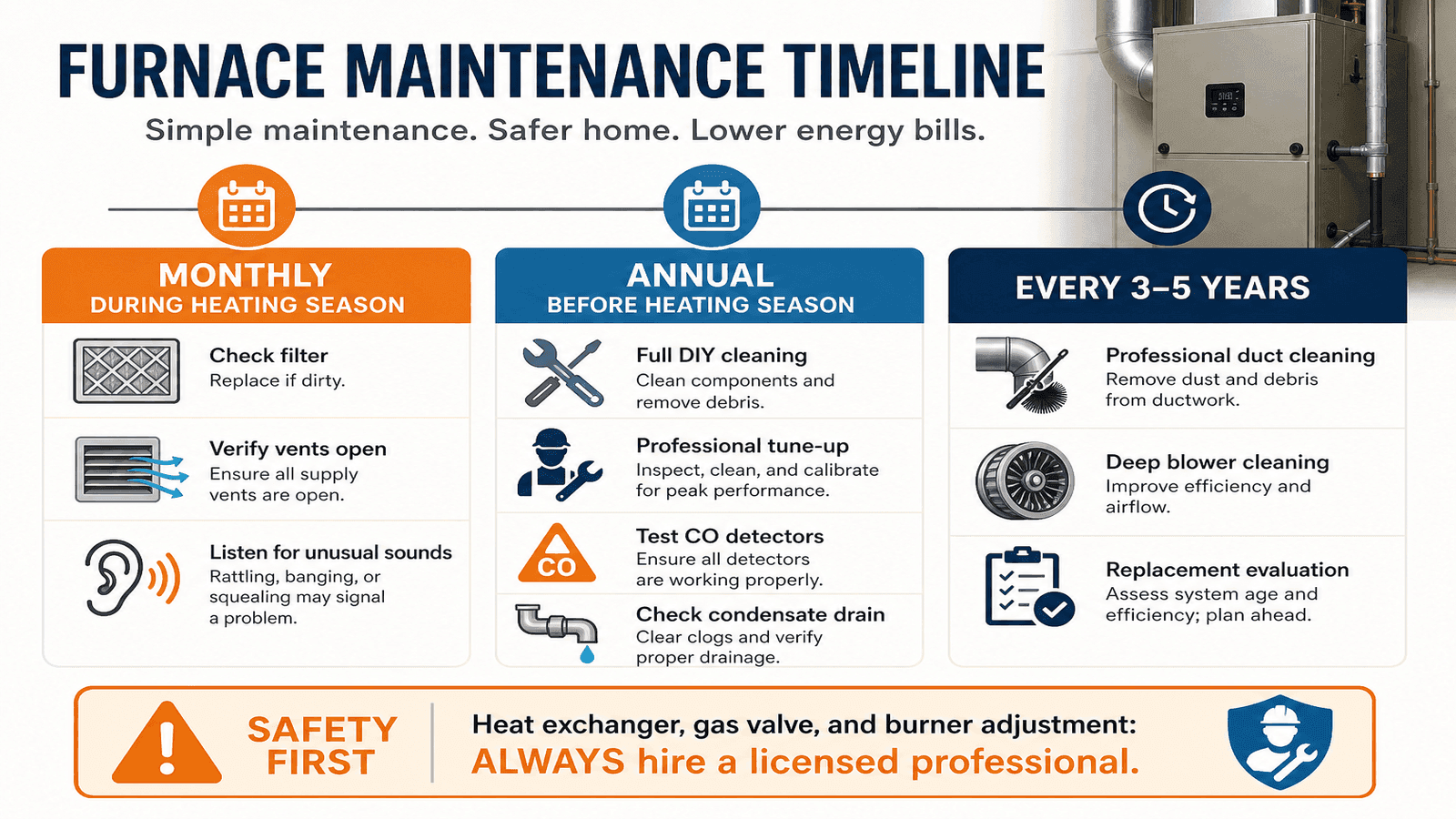 Seasonal furnace maintenance checklist infographic showing monthly DIY tasks and annual professional service timeline