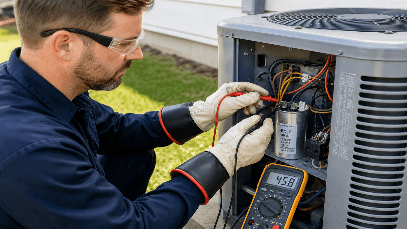 Technician using a digital multimeter to test an HVAC capacitor inside an outdoor AC condenser unit with safety gloves and insulated tools