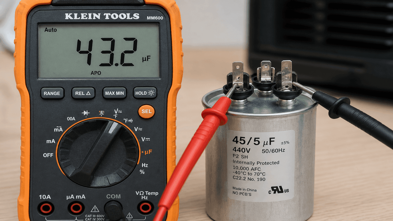 Close-up of a digital multimeter display showing a capacitance reading in microfarads while connected to a dual run capacitor with labeled HERM FAN and C terminals