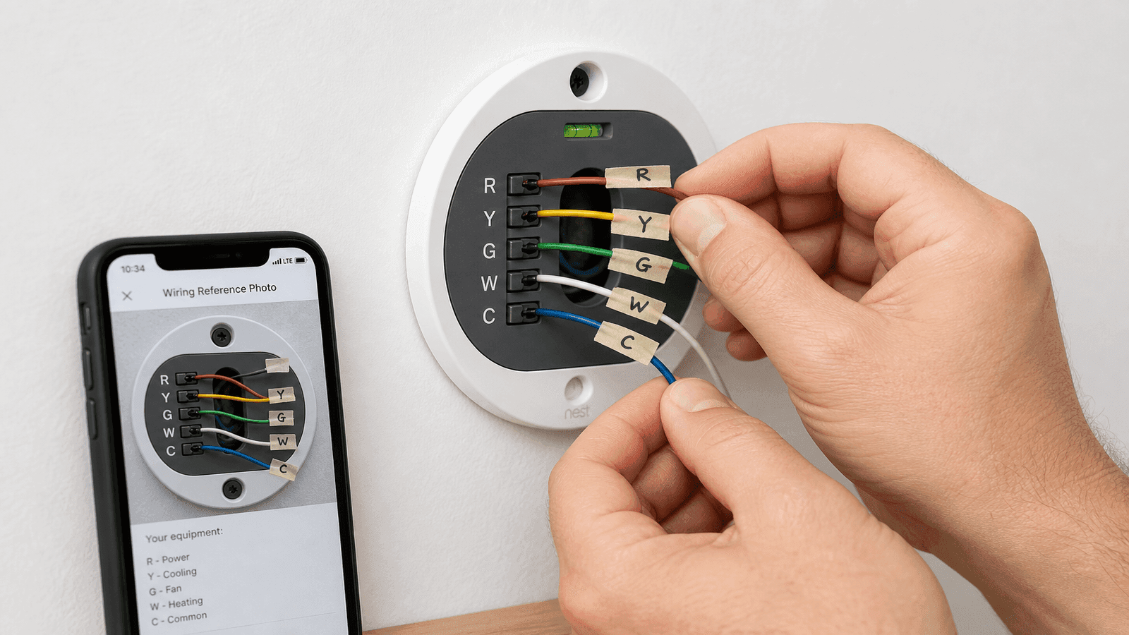 Hands connecting labeled thermostat wires to terminal screws on a new smart thermostat base plate mounted on a wall