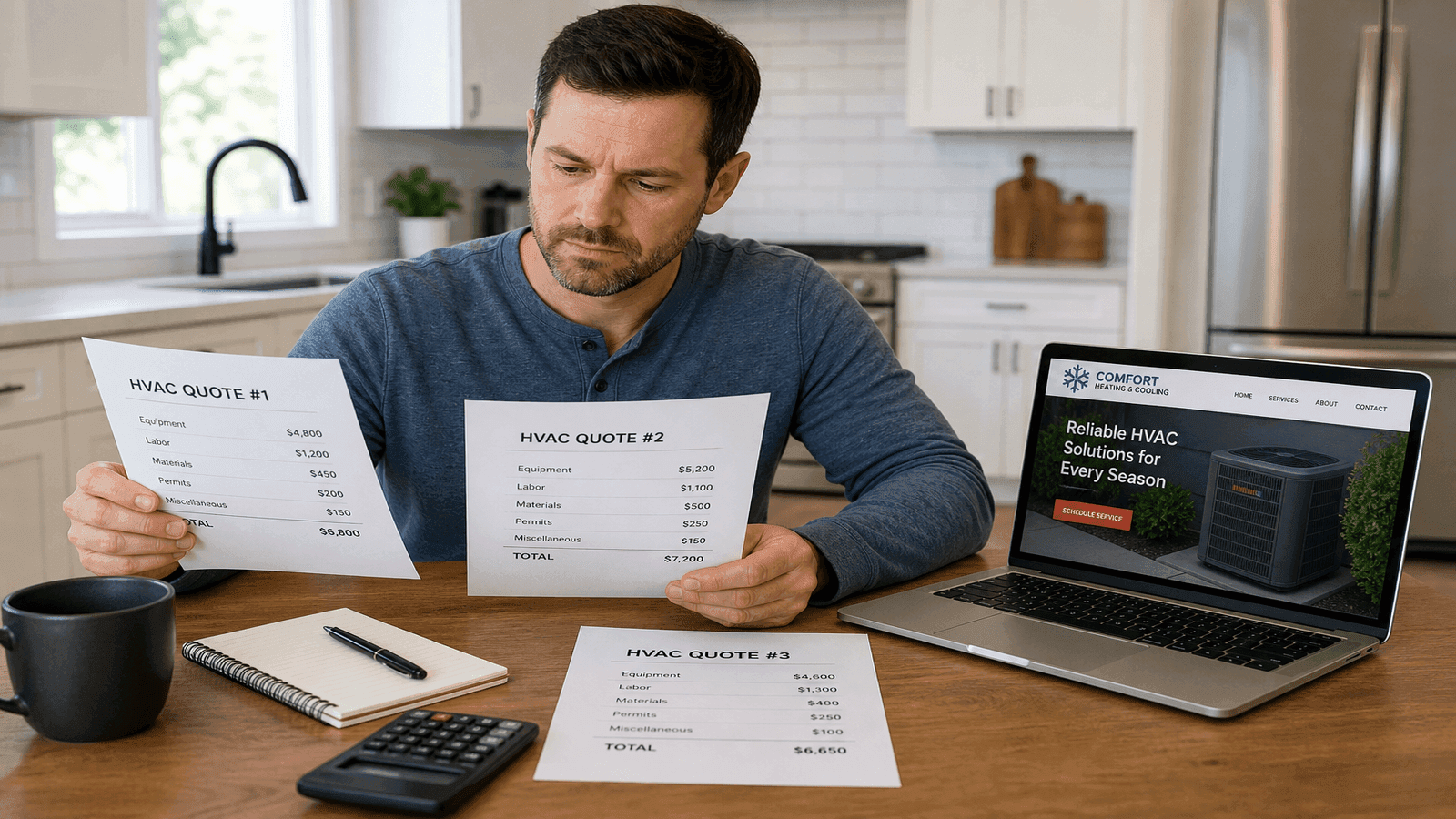 Homeowner at kitchen table reviewing and comparing three HVAC installation quotes