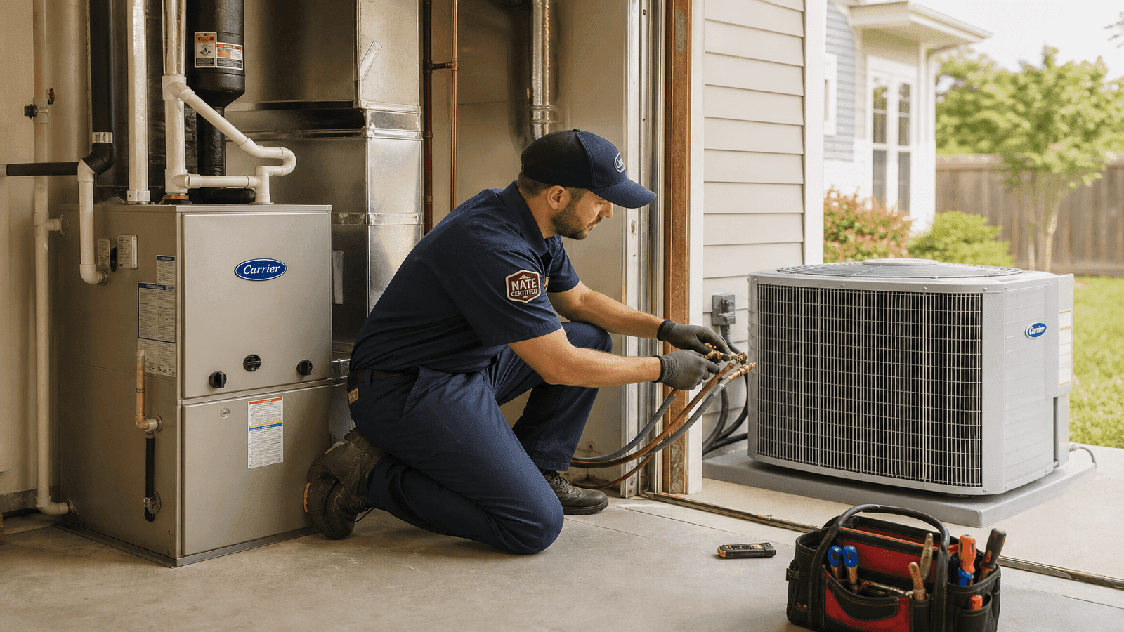 Certified HVAC technician installing a new high-efficiency furnace and air conditioning system in a residential mechanical room