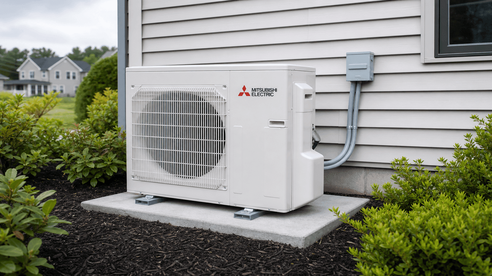 New air-source heat pump outdoor condenser unit installed on a concrete pad beside a residential home
